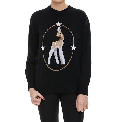 BURBERRY 巴宝莉 女士圆领小鹿嵌花羊毛混纺针织衫 黑色 8050612 A1189 商品图1