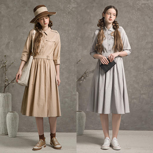 famecoco范可儿衬衫裙女夏季七分袖气质文艺修身收腰连衣裙长裙F203FA060 商品图0