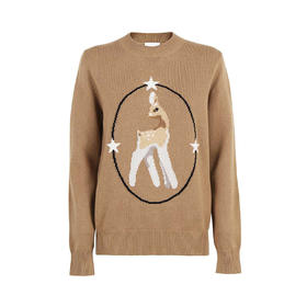 BURBERRY 巴宝莉 女士圆领小鹿嵌花羊毛混纺针织衫 卡其色 8048459 A1420