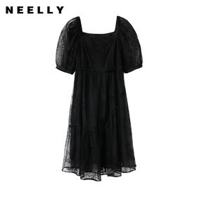 NEELLY纳俪商场同款复古方领连衣裙女网纱拼接A字裙夏季新款N22043Y01085