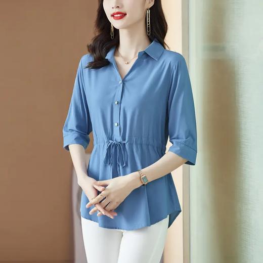 YH-20440夏装大码女装中袖宽松遮肚收腰中长款短袖衬衫女雪纺上衣衬衣 商品图4