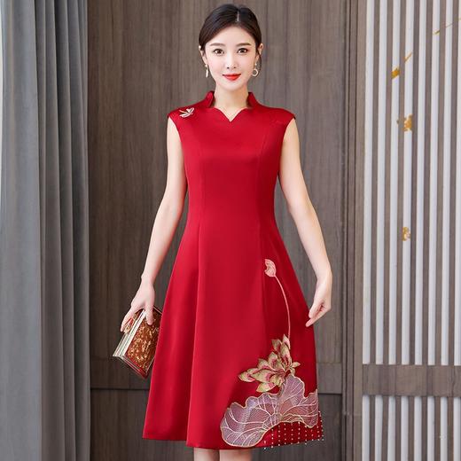2022夏新款中国风绣花流苏修身显瘦大码旗袍裙婚礼喜婆婆妈妈礼服XY-THA357 商品图0