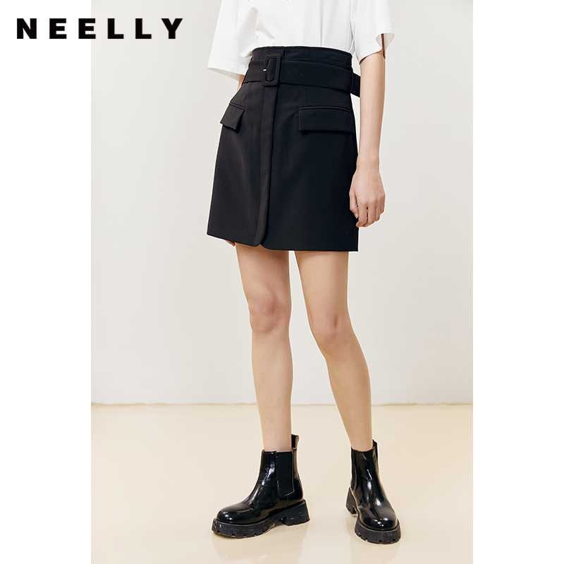 NEELLY纳俪商场同款高腰半身裙女夏季新款系带通勤百搭A字裙短裙N22043E01077