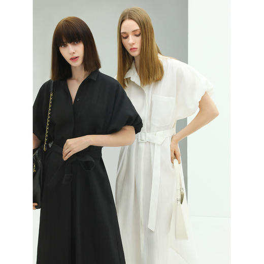 COCOBELLA气质通勤长款衬衫裙女泡泡袖系腰带遮肉连衣裙FR901 商品图3