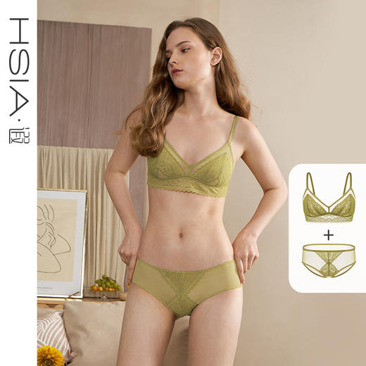 HSIA遐 三角杯内衣套装女夏季薄款防凸点性感蕾丝美背无钢圈文胸夏日花园 商品图0