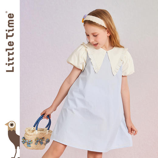 littletime女童纯棉娃娃领连衣裙泡泡袖2022夏季新款韩版女孩裙子 商品图1