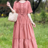 SZ256 2022纯色棉麻女长裙夏季短袖拼接大摆加长款女式花边收腰连衣裙 商品缩略图0