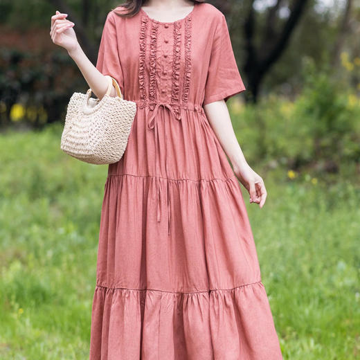 SZ256 2022纯色棉麻女长裙夏季短袖拼接大摆加长款女式花边收腰连衣裙 商品图0