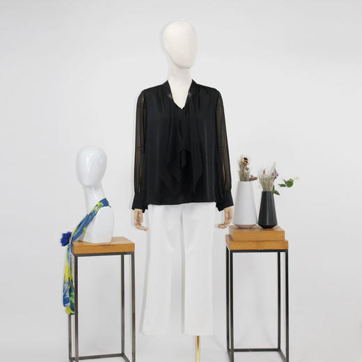 FOCALS福柯斯女装春秋新款V领长袖桑蚕丝拼接套头衬衫FRR2N065N1 商品图4