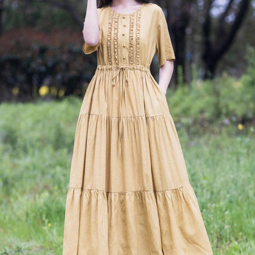 SZ256 2022纯色棉麻女长裙夏季短袖拼接大摆加长款女式花边收腰连衣裙 商品图2