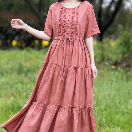 SZ256 2022纯色棉麻女长裙夏季短袖拼接大摆加长款女式花边收腰连衣裙 商品图1