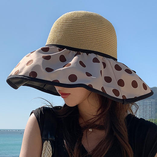 JC-M1825（黑胶波点拼接遮阳帽）韩国新款遮阳帽蝴蝶结波点大檐拼接帽黑胶涂层 商品图3