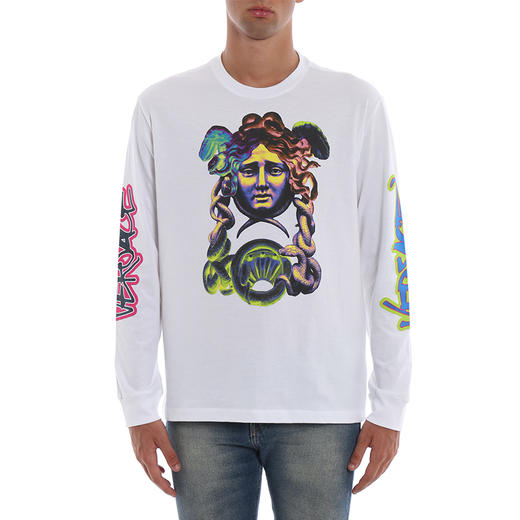 VERSACE 范思哲 男士棉质美杜莎印花圆领长袖T恤 白色 A80448 A224589 A001 商品图1