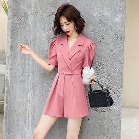 西装领纯色气质收腰韩版2022年夏新款女装泡泡袖连体裤HR-WE20219