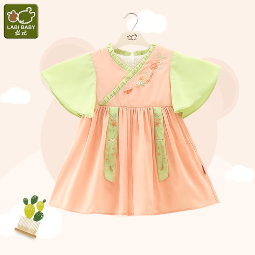 拉比-童衣类（夏）F2密语国风花边连衣裙虾红 商品图0