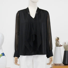 FOCALS福柯斯女装春秋新款V领长袖桑蚕丝拼接套头衬衫FRR2N065N1