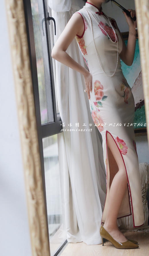 #1102【复团】喵娘精工/定制/《妖无格》芍药印花削肩民国风复古旗袍 商品图5