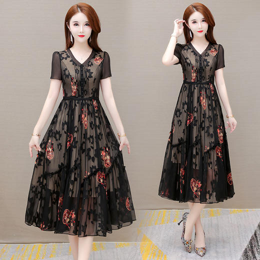 YWE 22A56印花连衣裙修身气质高贵阔太太a字裙 商品图0