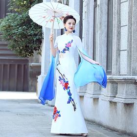 CJH-1221走秀复古优雅中国风大气舞台表演改良版演出服长款旗袍连衣裙
