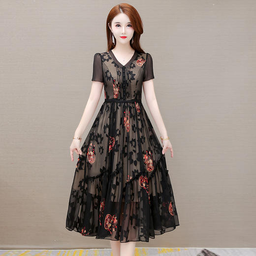 YWE 22A56印花连衣裙修身气质高贵阔太太a字裙 商品图1