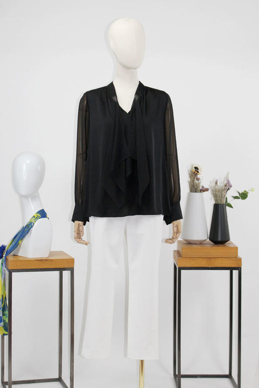 FOCALS福柯斯女装春秋新款V领长袖桑蚕丝拼接套头衬衫FRR2N065N1 商品图5