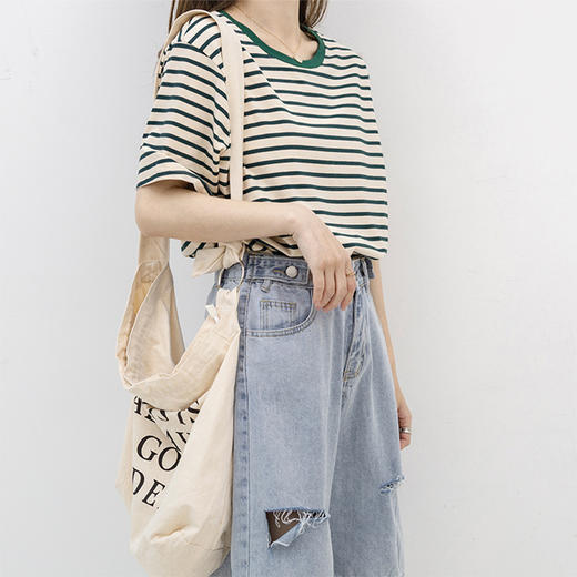 【拉夏贝尔同厂条纹T恤】圆领条纹拼色短袖T恤 女2022春夏韩版宽松显瘦休闲短袖 商品图3