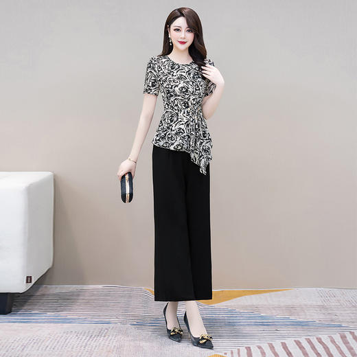 YWE  2B2241修身气质优雅印花雪纺衫阔腿裤 商品图2
