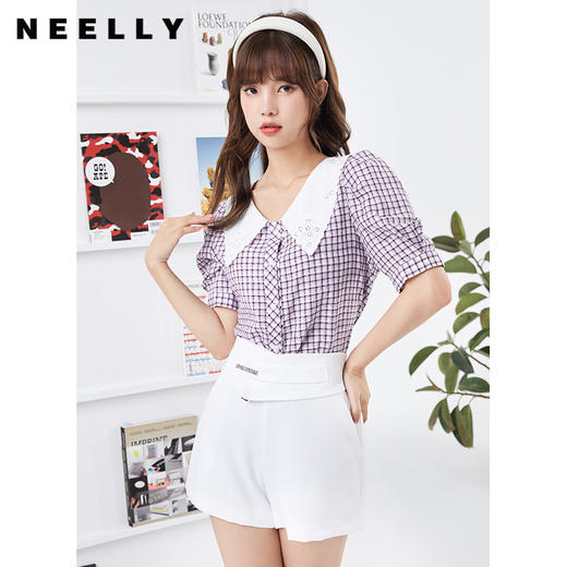 NEELLY纳俪商场同款娃娃领格子衬衫女士泡泡袖上衣NE2005DR352 商品图0