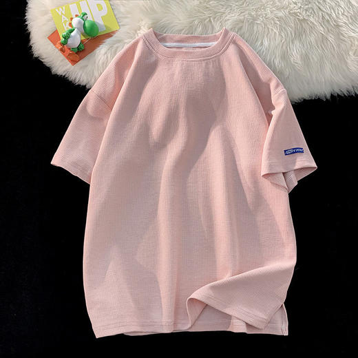 黛唯梵 粉色华夫格运动套装女跑步夏炸街网红短袖短裤两件套2022新款休闲 商品图7