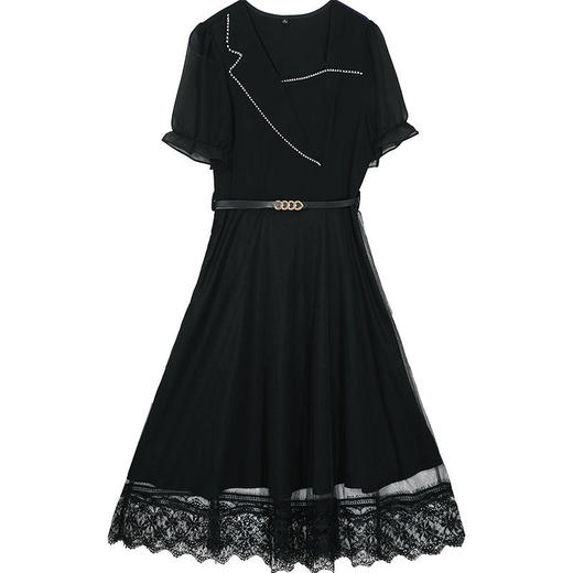 QYM-CR-DQ22869-L新款时尚优雅气质修身方领短袖长款蕾丝拼接连衣裙 商品图5