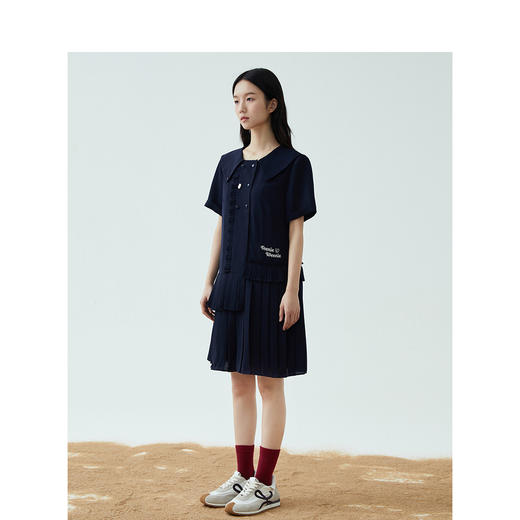 TeenieWeenie小熊2022夏款韩版娃娃领字母刺绣气质百褶连衣裙女TTOW222403P 商品图4