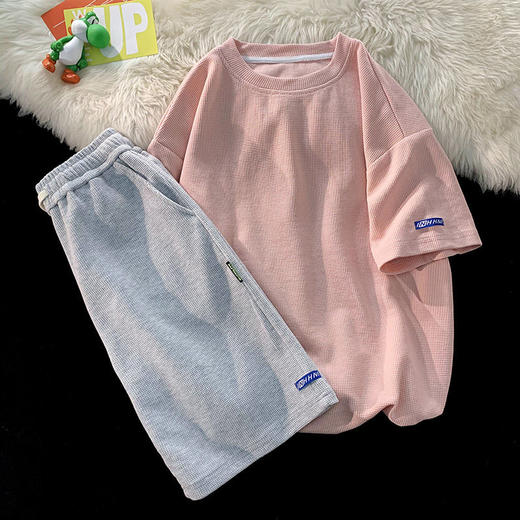 黛唯梵 粉色华夫格运动套装女跑步夏炸街网红短袖短裤两件套2022新款休闲 商品图0