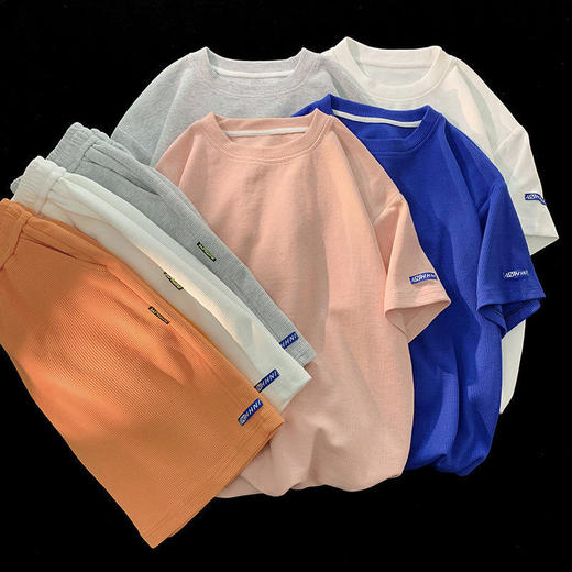 黛唯梵 粉色华夫格运动套装女跑步夏炸街网红短袖短裤两件套2022新款休闲 商品图2