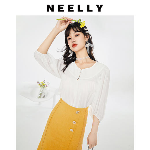 NEELLY纳俪春夏新款女圆领纯色五分灯笼袖衬衫商场同款套头衫N112005CR161 商品图0