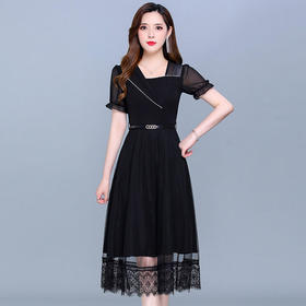 QYM-CR-DQ22869-L新款时尚优雅气质修身方领短袖长款蕾丝拼接连衣裙