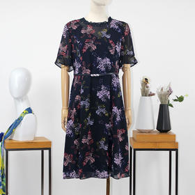 FOCALS福柯斯夏季圆领修身中长款印花雪纺连衣裙F2YBX258BZ