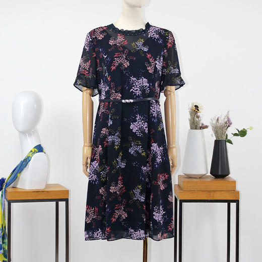 FOCALS福柯斯夏季圆领修身中长款印花雪纺连衣裙F2YBX258BZ 商品图0