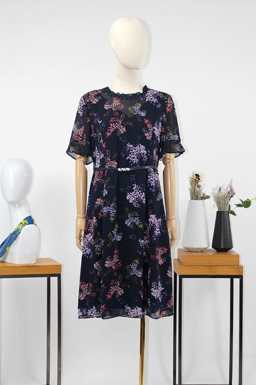 FOCALS福柯斯夏季圆领修身中长款印花雪纺连衣裙F2YBX258BZ 商品图3