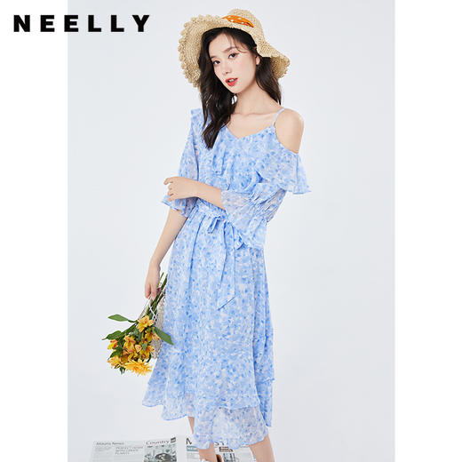 NEELLY纳俪商场同款度假风露肩连衣裙女夏季浪漫收腰中长款裙子N052005AY117 商品图1