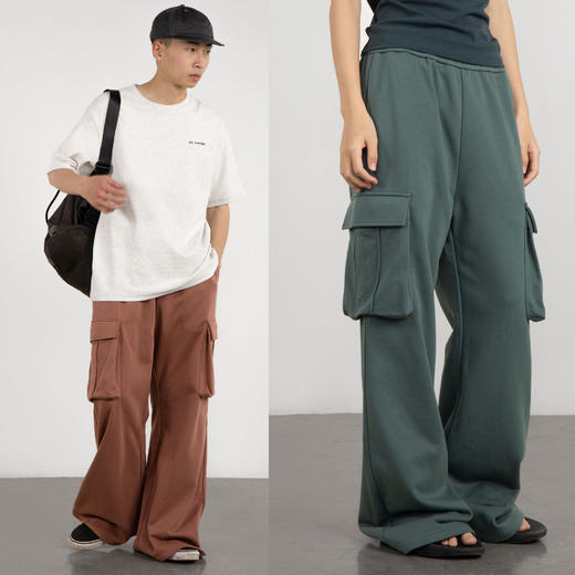CryingCenter 砖粉灰绿 慵懒低腰针织工装口袋拖地长裤 商品图0
