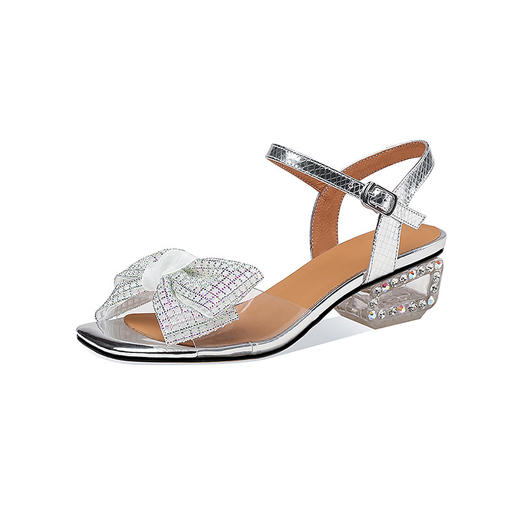 OLD 7241aa一字带凉鞋粗跟水晶跟鞋蝴蝶结露趾中跟凉鞋 商品图3