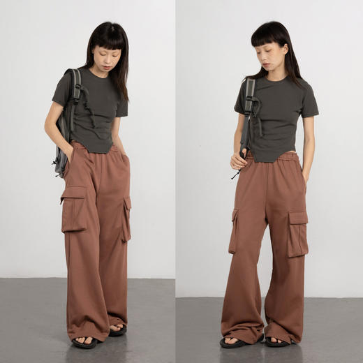 CryingCenter 砖粉灰绿 慵懒低腰针织工装口袋拖地长裤 商品图4