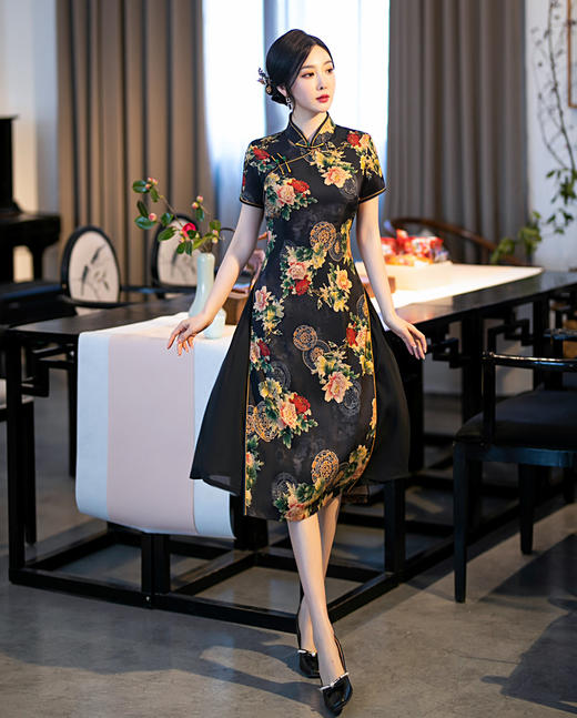 日常复古，中长短袖花罗老上海时尚优雅气质旗袍ZA-011 商品图5