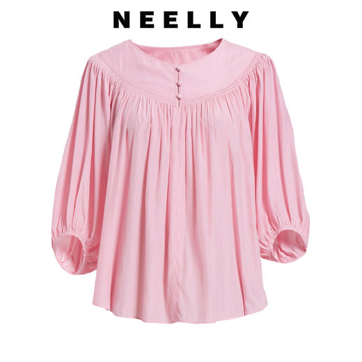 NEELLY纳俪春夏新款女圆领纯色五分灯笼袖衬衫商场同款套头衫N112005CR161 商品图3