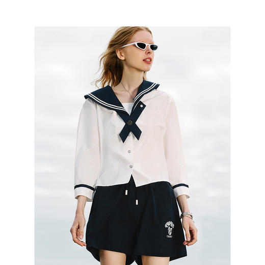 TeenieWeenie小熊2022夏季海军领设计感小众白衬衫女TTYA222403P 商品图1