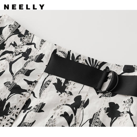 NEELLY纳俪商场同款夏季黑白印花半身裙女收腰系带A字裙百搭通勤N23044E04404 商品图1