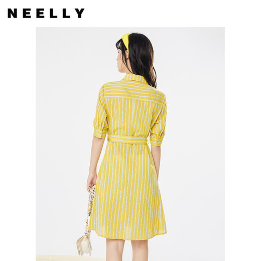 NEELLY纳俪商场同款条纹衬衫式连衣裙短袖腰间系带A字裙女士NE2004DY321 商品图2