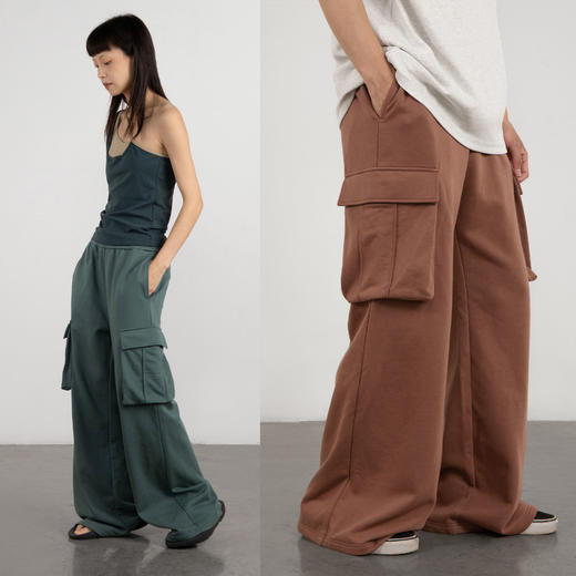 CryingCenter 砖粉灰绿 慵懒低腰针织工装口袋拖地长裤 商品图1