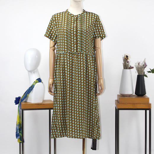 FOCALS福柯斯夏季桑蚕丝圆领短袖几何印花中长款连衣裙F2Y6X067YV 商品图0