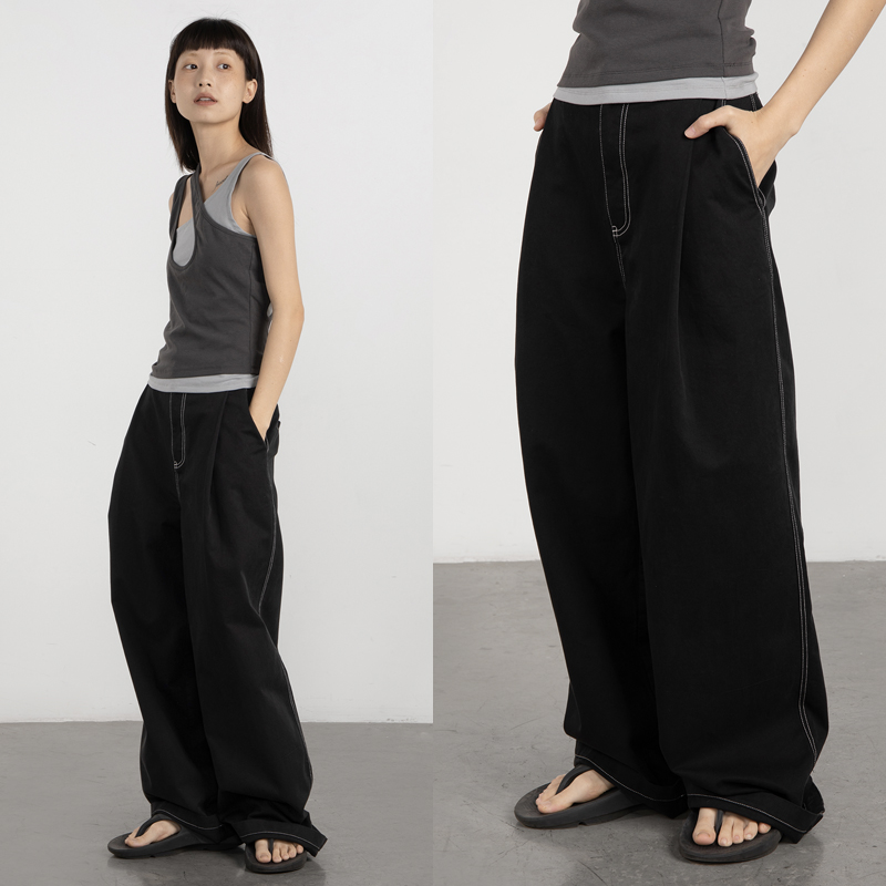 CryingCenter黑色经典撞色线宽松牛仔裤长裤